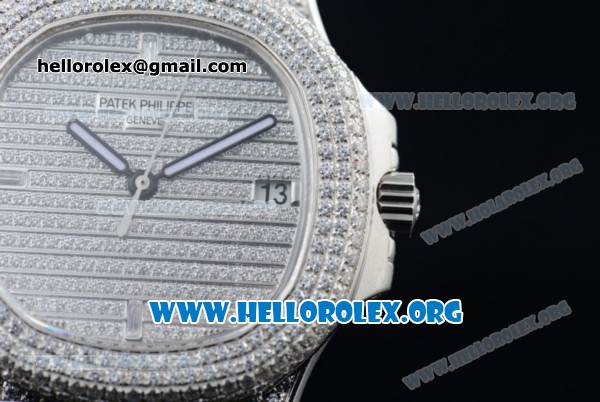 Patek Philippe Nautilus Miyota 9015 Automatic Steel Case with Diamond Dial and Black Leather Strap - Click Image to Close